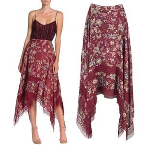 BCBGMaxAzria Floral Print Toile Handkerchief Midi Skirt Red Size XS
